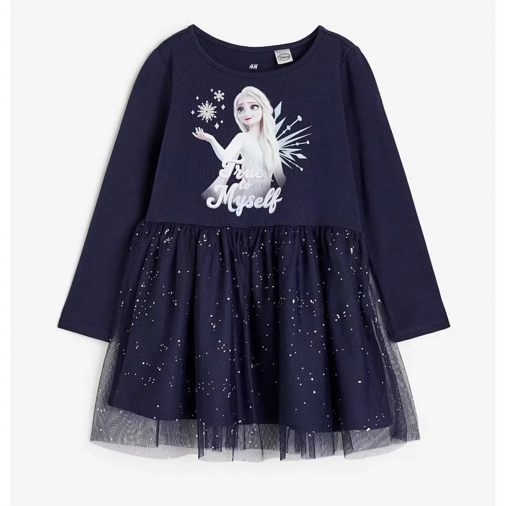 H&M Girls Disney Frozen Elsa Tulle-skirt Jersey Dress in Navy